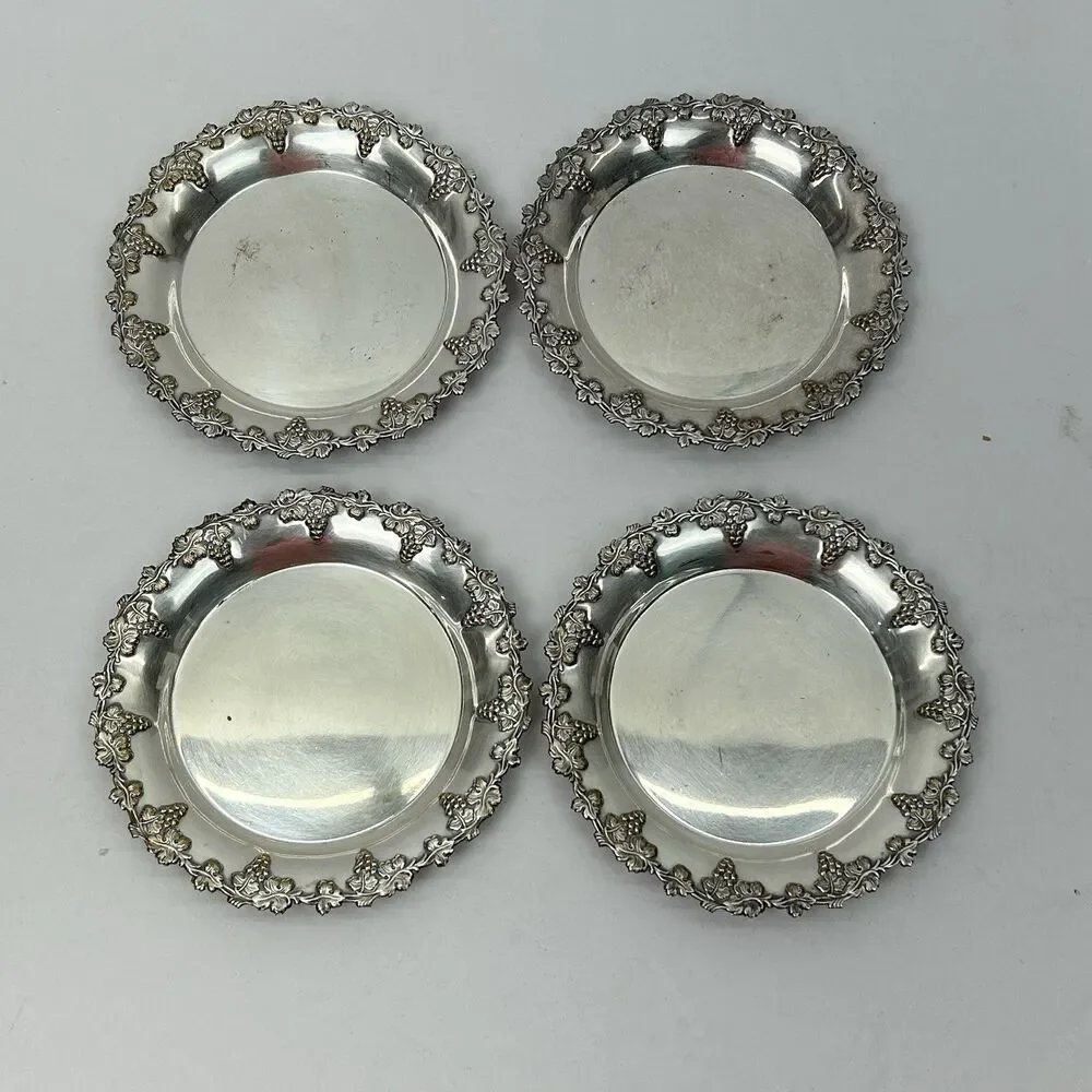 Silver Plated Beverage Coaster Set Of 4 Grapes Ornate Decor Drinks Trinket Bar